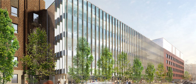 Bâtiment de bureaux moderne en verre avec structure béton