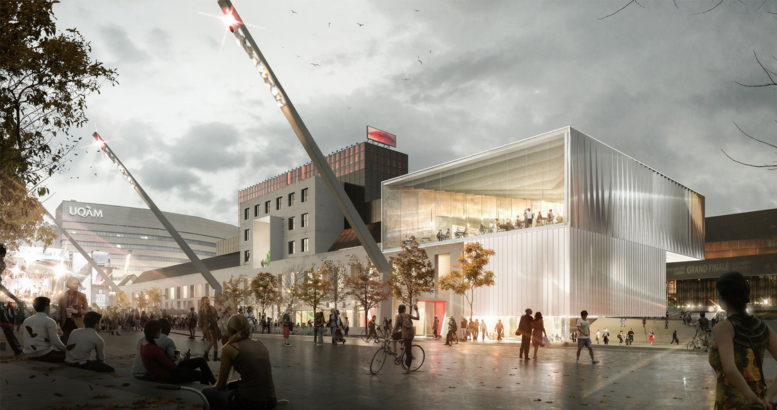 Projet architectural urbain à Montréal avec bâtiment moderne et espace public