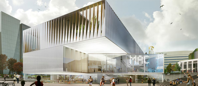 Musée d'art contemporain en verre avec espace public et visiteurs a l'exterieur.